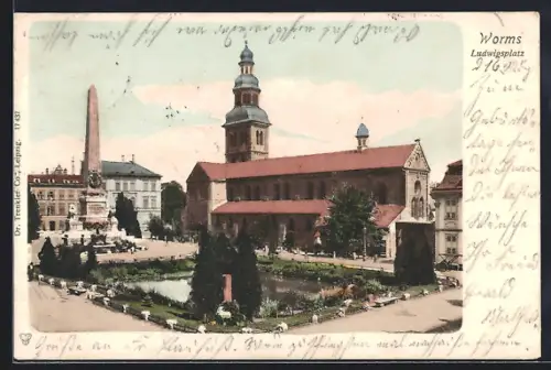 AK Worms, Ludwigsplatz mit Obelisk, Kirche