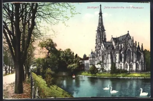 AK Stuttgart, Johanneskirche mit Feuersee