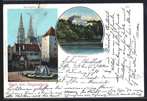 AK Regensburg, Moltkeplatz mit Springbrunnen, Walhalla