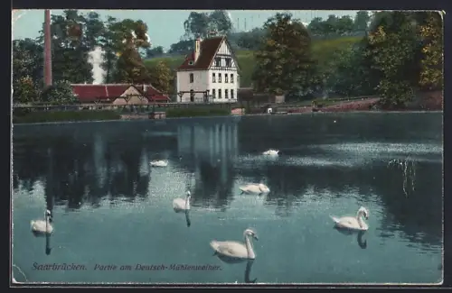 AK Saarbrücken, Schwanenteich am Gasthof Deutsch-Mühlenweiher
