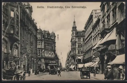 AK Berlin, Friedrichstrasse, Ecke Behrenstrasse, Passage Panopticum, Bus