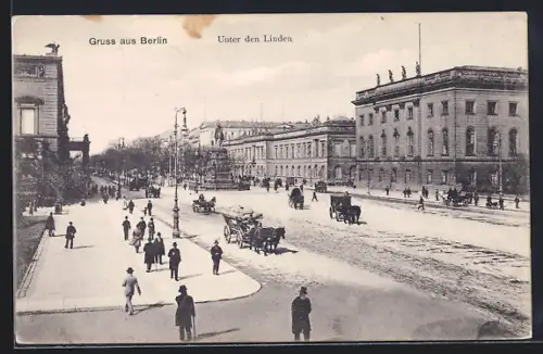 AK Berlin, Unter den Linden mit Denkmal