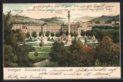 Lithographie Stuttgart, Schlossplatz mit Denkmal