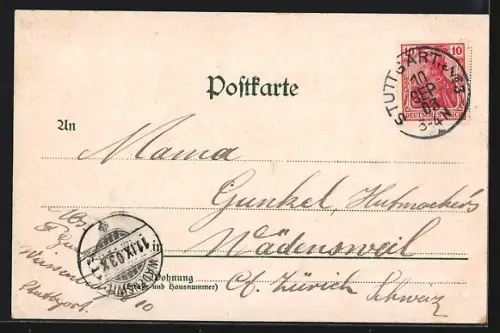 Lithographie Stuttgart, Schlossplatz mit Denkmal