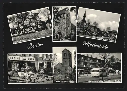 AK Berlin-Marienfelde, Das kleine Kaufhaus, Kloster zum guten Hirten, Dorfkirche