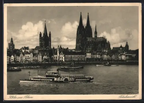 AK Köln am Rhein, Totalansicht mit Dom und Dampfer