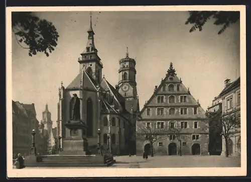 AK Stuttgart, Schillerplatz mit Schillerdenkmal und Stiftskirche