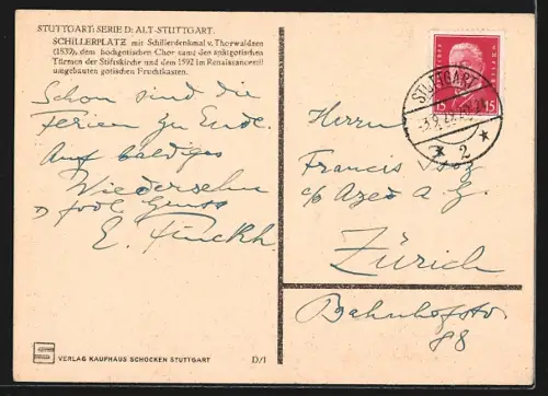 AK Stuttgart, Schillerplatz mit Schillerdenkmal und Stiftskirche