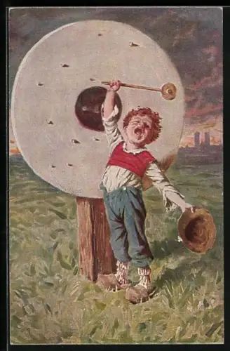 Künstler-AK Hermann Kaulbach: Kleiner Junge jubelt vor der Zielscheibe