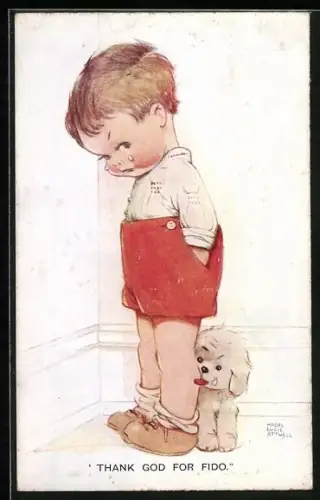 Künstler-AK Mabel Lucie Attwell: Hund leckt das Bein eines weinenden Jungen, Thank god for Fido