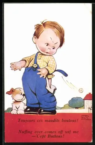 Künstler-AK Mabel Lucie Attwell: Knopt springt von der Hose eines Jungen, Tojours ces maudits boutons