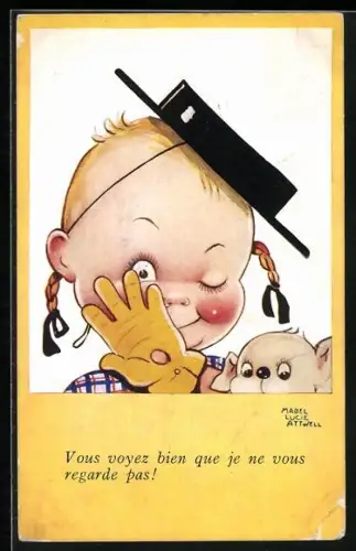 Künstler-AK Mabel Lucie Attwell: Mädchen mit schwarzem Hütchen blinzelt dem Betrachter zu