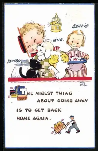 Künstler-AK Mabel Lucie Attwell: Kind wird von einem Hund und einer Katze begrüsst