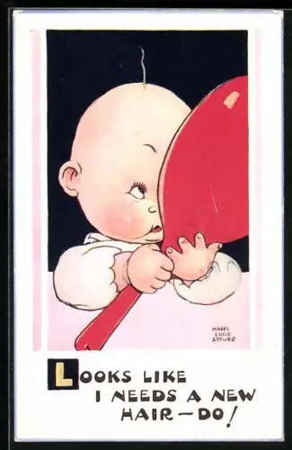 Künstler-AK Mabel Lucie Attwell: Baby betrachtet ein Haar auf seinem Kopf, Looks like I needs a new hair-do