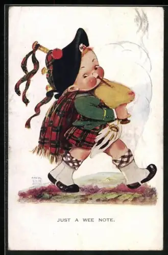 Künstler-AK Mabel Lucie Attwell: Just a wee Note, Kind mit Dudelsack und Kilt als Schotte