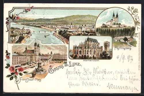 Lithographie Linz, Franz Josef Platz, Pöstlingberg, Mariendom