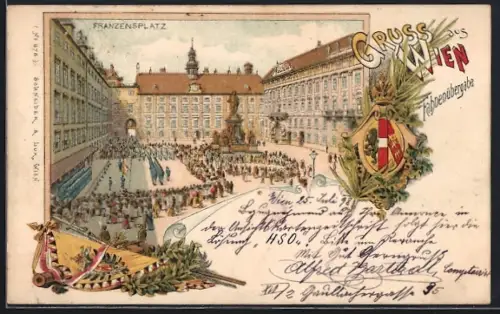 Lithographie Wien, Hofburg, Franzensplatz, Wappen