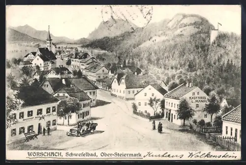 Künstler-AK Wörschach, Ortspartie mit Gasthof Max Polinger & Kaufhaus L. Mandl