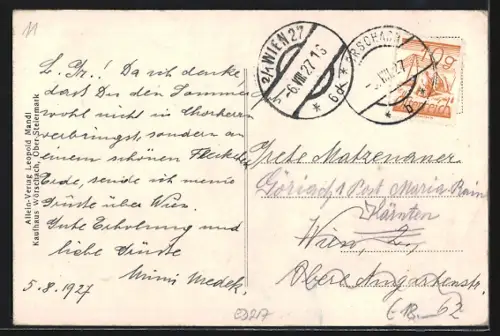 Künstler-AK Wörschach, Ortspartie mit Gasthof Max Polinger & Kaufhaus L. Mandl