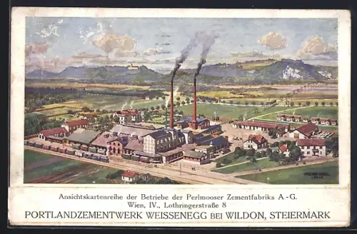 Künstler-AK Weissenegg bei Wildon, Portlandzementwerk aus der Vogelschau