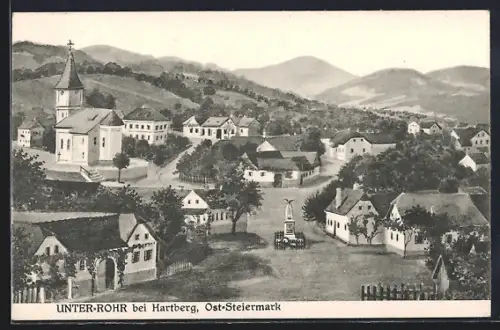 Künstler-AK Unter-Rohr bei Hartberg, Ortsansicht mit Denkmal und Kirche