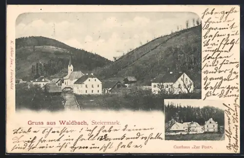AK Waldbach /Steiermark, Gasthaus zur Post, Ortsansicht mit Kirche