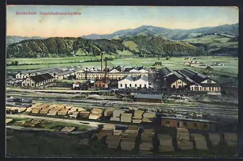 AK Knittelfeld, Staatsbahnwerkstätte aus der Vogelschau, Gleisanlagen