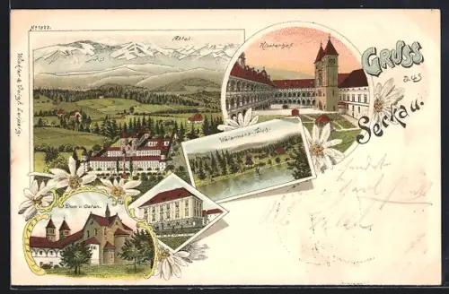 Lithographie Seckau, Klosterhof, Dom von Osten, Blick auf die Abttei