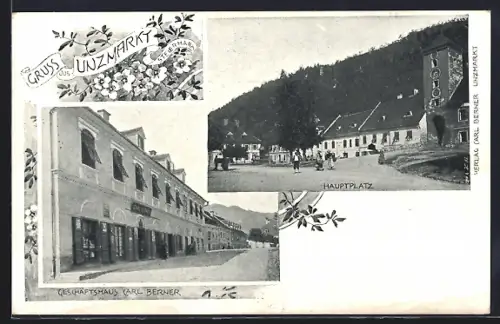 AK Unzmarkt, Hauptplatz und Geschäftshaus Berner