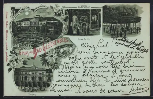 Mondschein-Lithographie Bad Gleichenberg, Hotel Wickenburg, Emma Quelle, Kurhaus, Constantin-Quelle