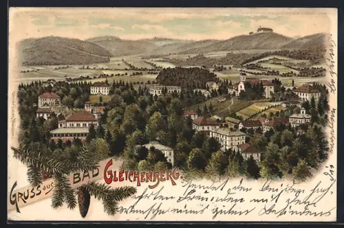 Lithographie Bad Gleichenberg, Ortsansicht aus der Vogelschau