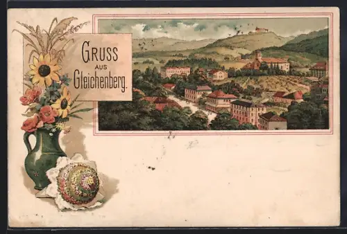 Lithographie Gleichenberg, Ortsansicht aus der Vogelschau, Passepartout mit Blumenstrauss