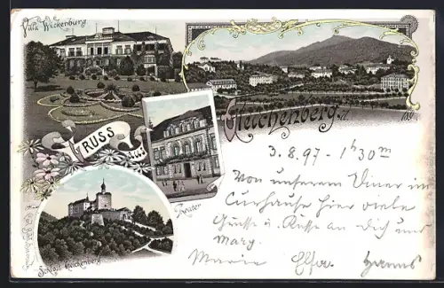 Lithographie Gleichenberg, Hotel Wickenburg, Schloss Gleichenberg, Theater