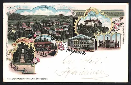 Lithographie Gleichenberg, Hotel Schweizerei, Wickenburg Denkmal, Schloss, Constantins-Quelle, Vereins-Restauration