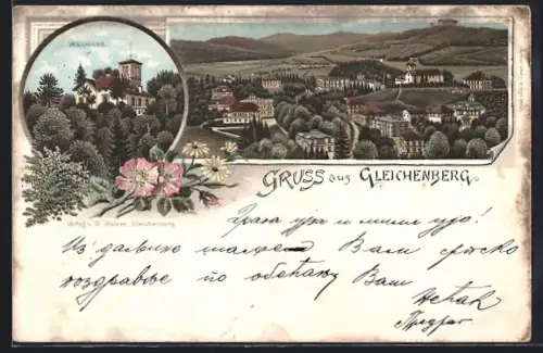Vorläufer-Lithographie Gleichenberg, 1895, Gasthaus Waldhaus, Ortsansicht aus der Vogelschau