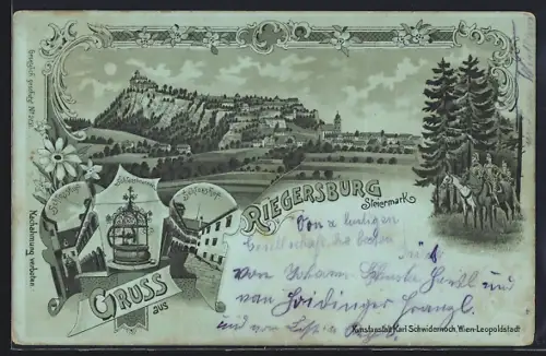 Mondschein-AK Riegersburg /Steiermark, Schlosshof, Schlossbrunnen, Ortsansicht mit Schloss