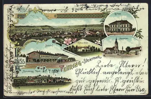 Lithographie Fehring, Bahnhof, Rathaus, Hauptplatz, Eisenbahn
