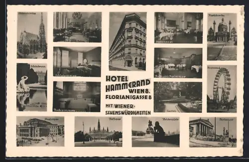 AK Wien, Hotel Hammerand in der Florianigasse 8, Riesenrad, Heldenplatz, Karlskirche, Parlament