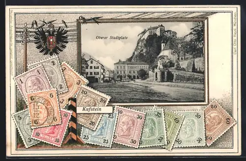 AK Kufstein, Briefmarken, Oberer Stadtplatz, Wappen, geprägt, um 1900