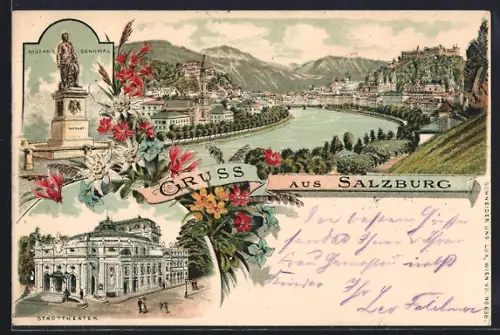 Lithographie Salzburg, Mozart-Denkmal., Stadttheater, Ortsansicht mit Fluss und Burg