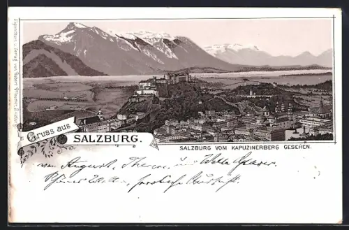 Lithographie Salzburg, Totalansicht vom Kapuzinerberg aus