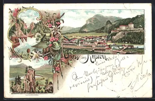 Lithographie Kufstein, Sparchen-Mühle, Teufelskanzel, Ortsansicht