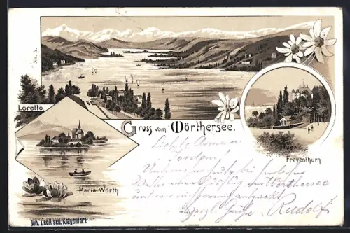 Lithographie Maria Wörth, Loretto, Blick auf den Wörthersee, Schloss Freyenthun, Blick zur Insel Maria Wörth