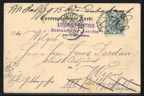 Lithographie Maria Wörth, Loretto, Blick auf den Wörthersee, Schloss Freyenthun, Blick zur Insel Maria Wörth