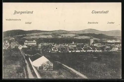 AK Eisenstadt-Kismarton /Burgenland, Gesamtansicht mit Wallfahrtskirche, Schloss, Pfarrkirche u. Institut