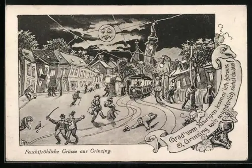 Künstler-AK Grinzing, Strassenpartie mit Strassenbahn und Wirtshaaus-Heimkehrern, aus der Sicht eine Betrunkenen