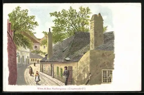 Künstler-AK Wien, Blick in die Nadlergasse, Croatendörfl