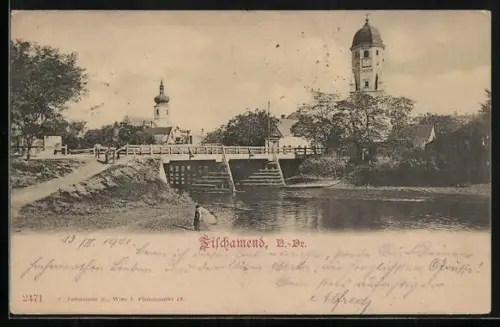 AK Fischamend, Flusspartie mit Brücke und Türmen