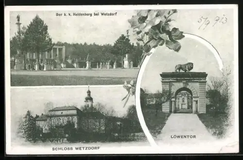 AK Wetzdorf, K. k. Heldenberg, Schloss und Löwentor