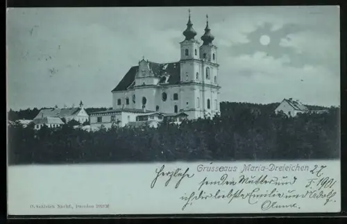 Mondschein-AK Maria Dreieichen, Ortspanorama mit Kirche